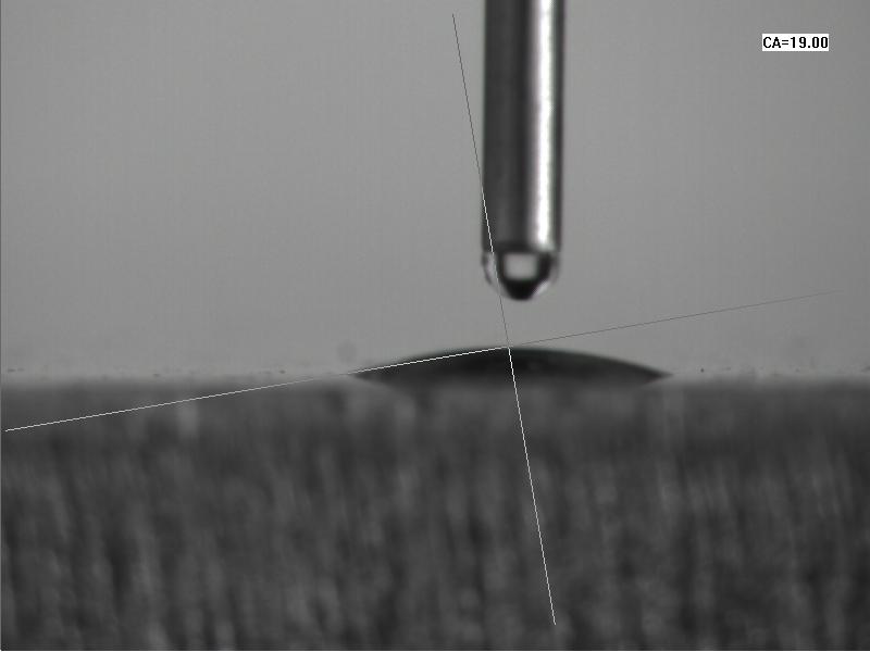 等离子处理后水滴角：19度